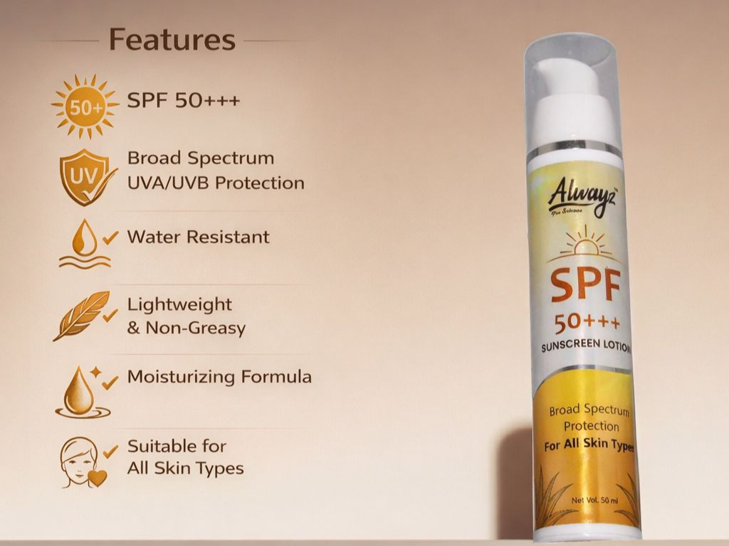 Alwayz SPF+++ Sunscreen Lotion 50ml | Broad Spectrum Sun Protection, Moisturises & Keeps Skin Soft