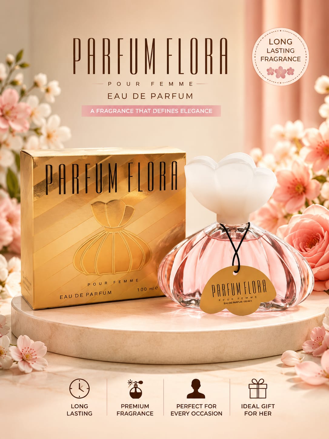 Parfum Flora Pour Femme Eau de Parfum 100ml with gold box packaging