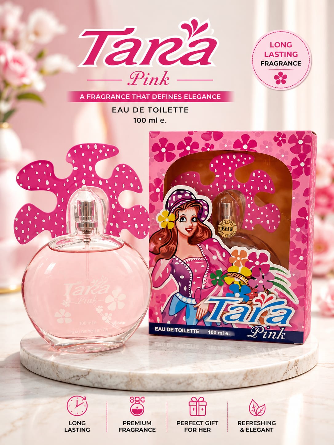 Tara Pink Eau de Toilette 100ml with pink floral gift box packaging