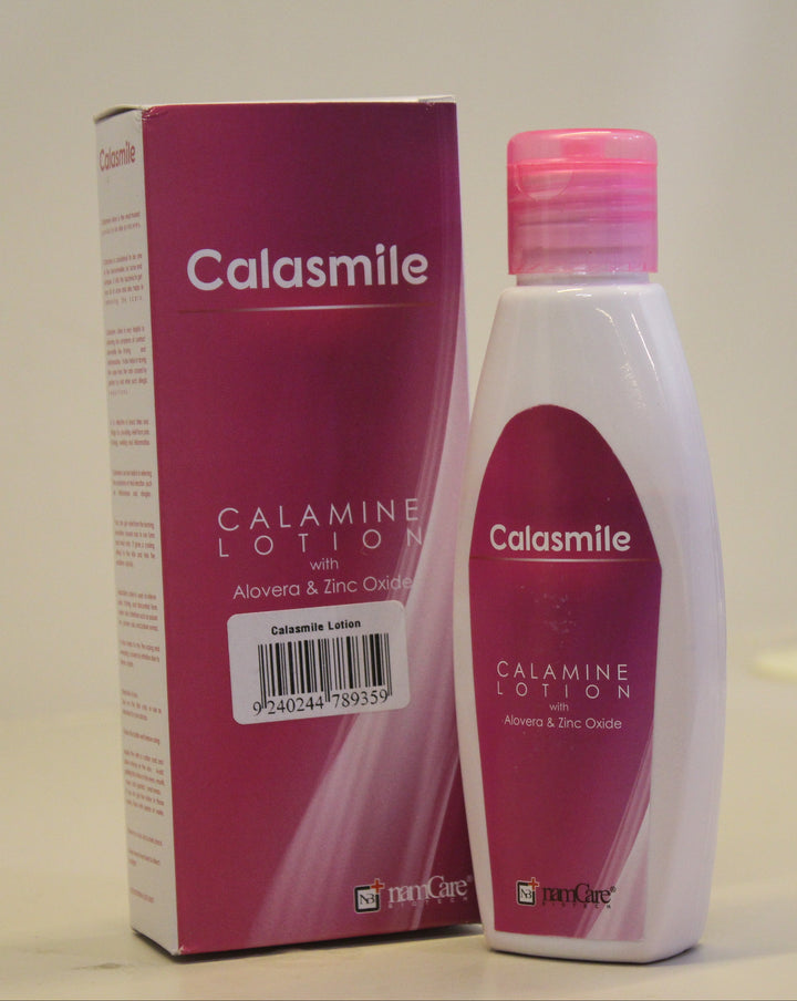 Calasmile Calamine Lotion bottle and packaging on a neutral background